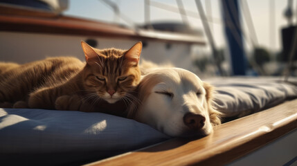 A cat and a dog sleeping at a yacht port.