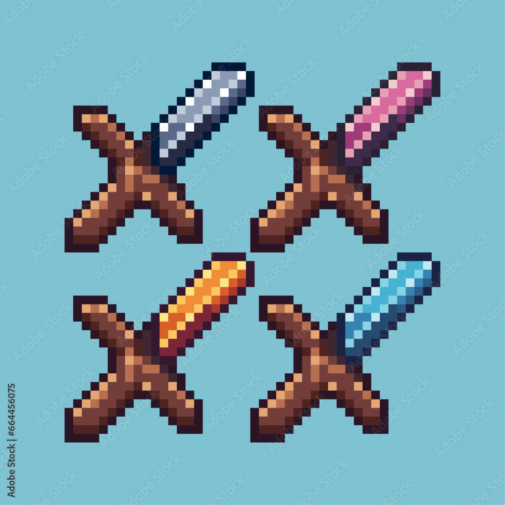 Fototapete pixel art sets of sword weapon with variation color item asset. simple bits of sword on pixelated st