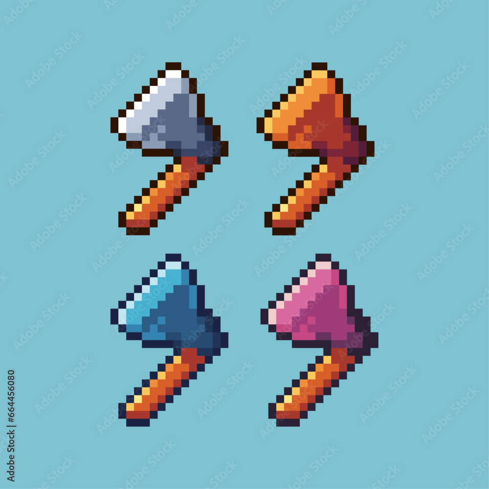 Fototapete pixel art sets of gold axe with variation color item asset. simple bits of axe gold on pixelated sty