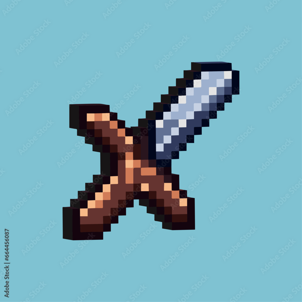 Poster isometric pixel art 3d of sword weapon for items asset. sword on pixelated style.8bits perfect for g