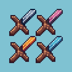 Pixel art sets of sword weapon with variation color item asset. Simple bits of sword on pixelated style. 8bits perfect for game asset or design asset element for your game design asset.