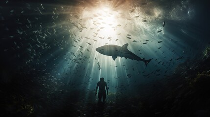scuba diver in the depths of the ocean with fish, shark, the sun breaks through the surface of the water with its rays.
