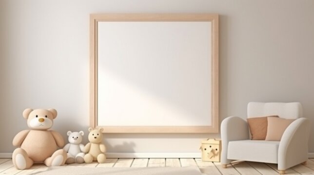 teddy bear in the room with empty frame mockup