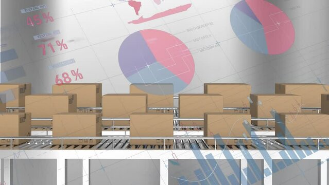 Animation of statistical data processing against delivery boxes on conveyer belt