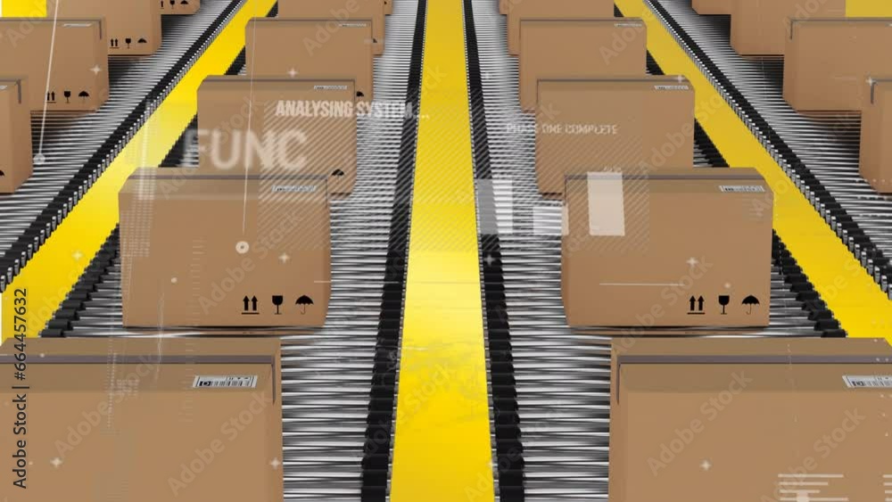 Aufkleber animation of interface with data processing against delivery boxes on conveyer belt