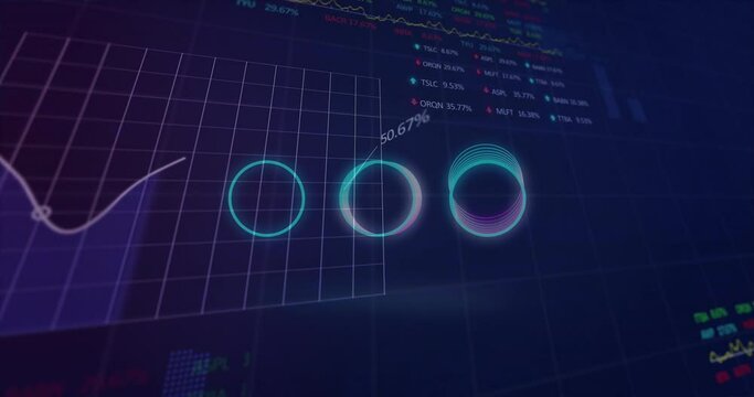 Animation of neon spiral shapes in seamless pattern over statistical, stock market data processing