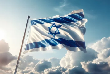 Tuinposter Israel flag waving on a pole, sky background. AI generative © Formatoriginal