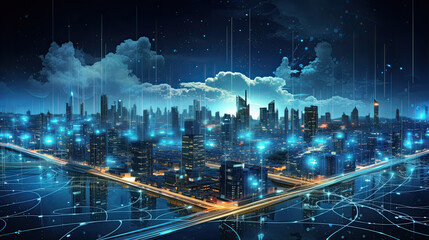 A digital illustration of a city a night with technology connection lines. Communication concept.