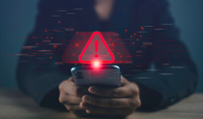 Warning alert and  antivirus system software detection concept.  Emergency warning notification Virus, Spyware, Malware or Malicious software. Cyber security and cybercrime.