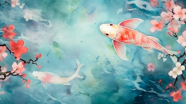 Watercolor art with Japanese Koi Carp or pond fish, swimming around in water with lily pads.