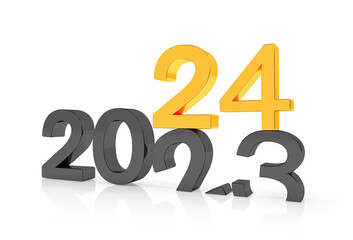 3d render of the numbers 2024 and 23 in black and gold over white reflecting background. The number 24 falls on the number 23 and breaks in it in the ground. - 664458638