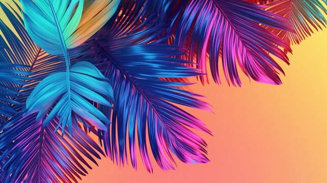 unique painted tropical palm palms against a vibrantly colored tropical background. Summertime minimalist clothes concept. Lay flat. © Anmol