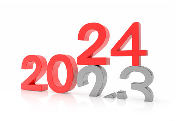3d render of the numbers 2024 and 23 in red and silver over white reflecting background. The number 24 falls on the number 23 and breaks in it in the ground.