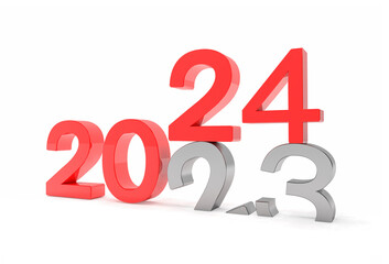 3d render of the numbers 2024 and 23 in red and silver over white background. The number 24 falls on the number 23 and breaks in it in the ground.