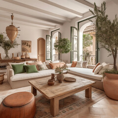 luxury home interior in mediterranean style, with natural fornitures and accessories - 664459054
