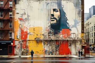 Religious contemporary art.  Colorful graffiti with Jesus on the facade of a building. Copy space