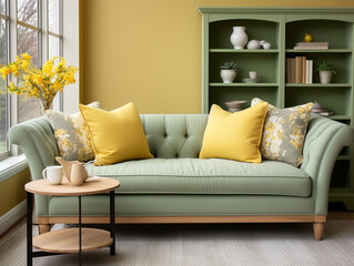 A cute mint loveseat with a yellow pillow against a green wall with a bookcase is part of the modern living room's Scandinavian mid-century interior design.