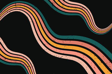 Groovy abstract rainbow swirl background. Retro 1960s and 1970s vector design style. Sun and rainbow swirl pattern,  textured wavy shapes design, banner, vintage poster vibes, Funky ray elements.