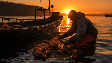 A lobster fisherman at sunrise, pulling a trap from the Atlantic waters off the coast of Maine, a testament to the dedication of those who harvest seafood