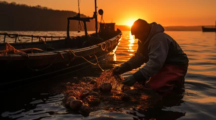 Fotobehang A lobster fisherman at sunrise, pulling a trap from the Atlantic waters off the coast of Maine, a testament to the dedication of those who harvest seafood © Наталья Евтехова