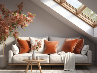 In a modern attic, you'll find a Scandinavian home interior design featuring a white sofa with terra cotta pillows.