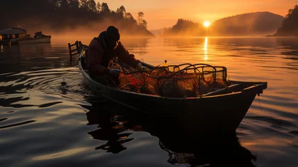 Fotobehang A lobster fisherman at sunrise, pulling a trap from the Atlantic waters off the coast of Maine, a testament to the dedication of those who harvest seafood © Наталья Евтехова