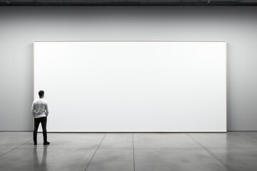 Man looking at blank white poster in industrial interior. Copy space