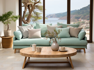 In a farmhouse, you'll find a modern living room with a Scandinavian mid-century interior design, featuring a sofa adorned with mint pillows and wooden side tables.