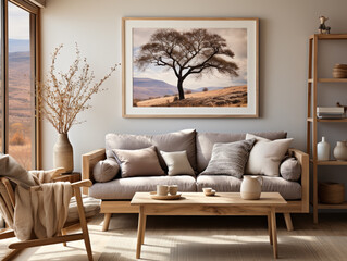 In a farmhouse, a modern living room showcases Scandinavian interior design with a rustic sofa placed next to a potted houseplant against a beige wall adorned with a framed poster.