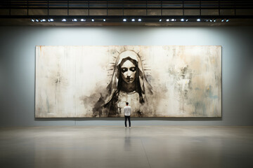 Religious contemporary art. Graffiti representing Mary, man standing in front of the artwork. Copy...