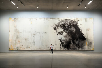 Religious contemporary art.  Graffiti representing Jesus on the facade of a building. Copy space