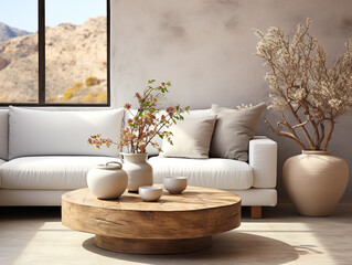 
In a farmhouse, a modern living room with Scandinavian interior design includes a round accent coffee table near a white sofa against a stucco wall.