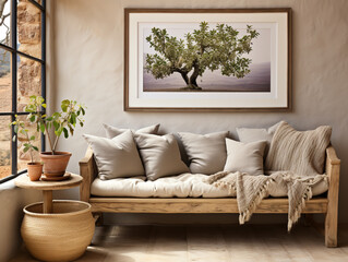 In a farmhouse, a cozy sofa against a wall with a poster frame and shelving unit exemplifies the modern Scandinavian interior design of the living room.