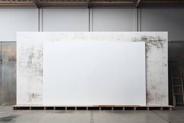 Blank white canvas on wooden pallet in warehouse. Copy space