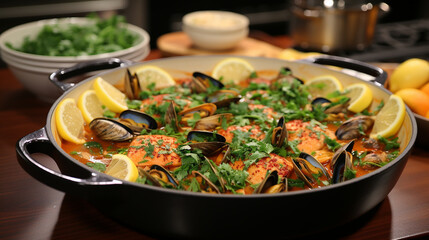 A delectable seafood stew simmering in a rich, tomato-based broth, brimming with clams, fish, and aromatic herbs