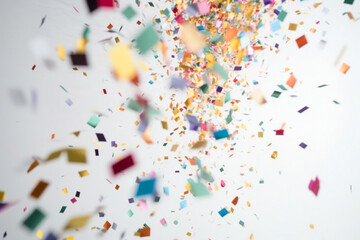 Festive wallpaper with flying colorful confetti on black background. AI generated