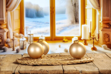 Desk of free space and christmas balls. Blurred window background and winter time. 