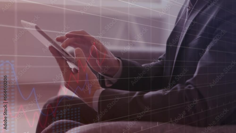 Poster animation of statistical data processing over caucasian businessman using digital tablet at office