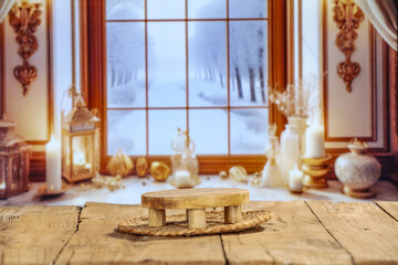Fototapeta na wymiar Wooden desk of free space and winter window background. Christmas time and cold winter day. Empty space for your products. 