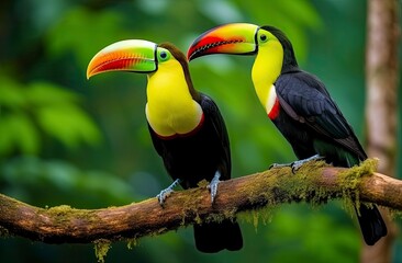 Toucan sitting on the branch in the forest.