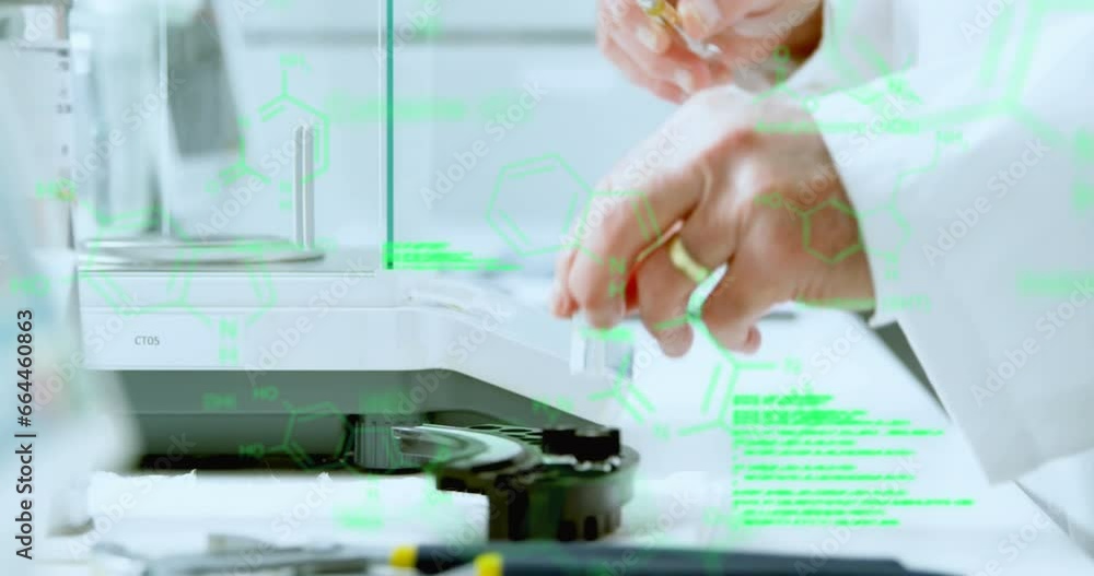 Aufkleber animation of data processing against mid section of male scientist injecting syringe in vial bottle