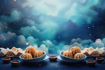Dumplings of chinese food on blue background with bokeh. Winter Solstice : Dongzhi Festival celebrates the winter solstice with family reunions and dumplings.