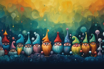 Funny gnomes. Abstract background Yule Lads (Iceland) : Thirteen mischievous trolls who visit children in the 13 days leading up to Christmas.  - obrazy, fototapety, plakaty