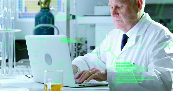 Animation of medical data processing over caucasian senior male scientist using laptop at laboratory