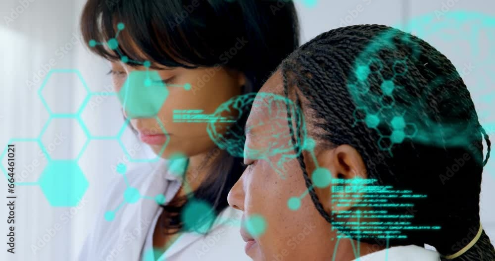Poster animation of medical data processing over two diverse female scientists working at laboratory