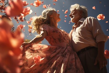 An elderly couple dancing in a flowering garden