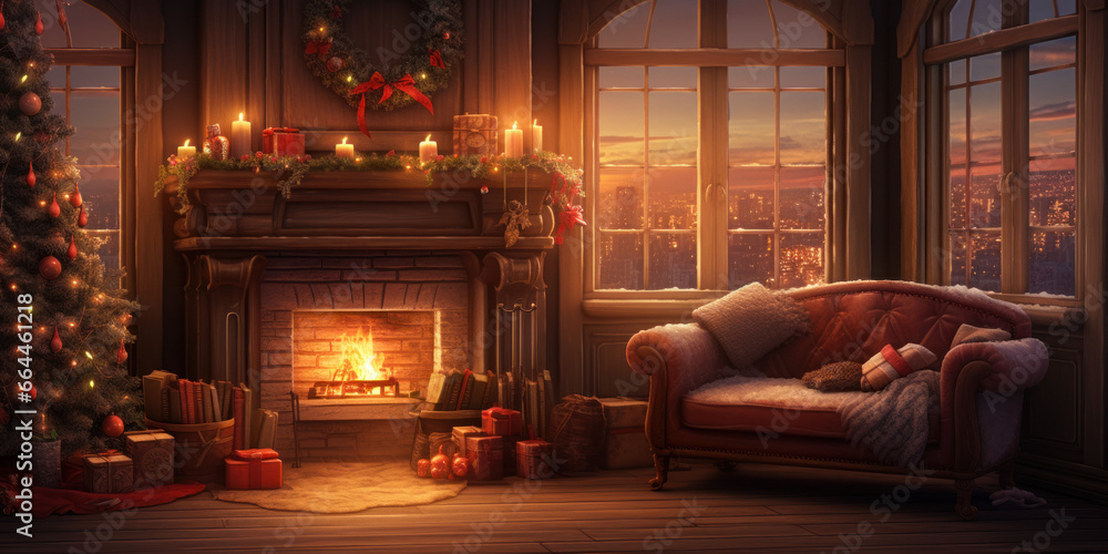 Poster bedroom and fireplace with christmas decorations