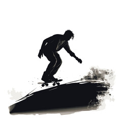 Black silhouette of a boy performing skateboard tricks on the street