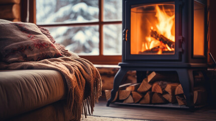 Cozy Winter Retreat: Relaxing by the Couch Next to a Fireplace in a Cabin