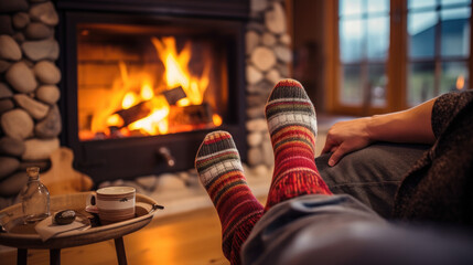 Fototapeta na wymiar Cozy Winter Retreat: Point of View of Warm Feet Covered with Knit Socks Relaxing by the Fireplace in a Cabin